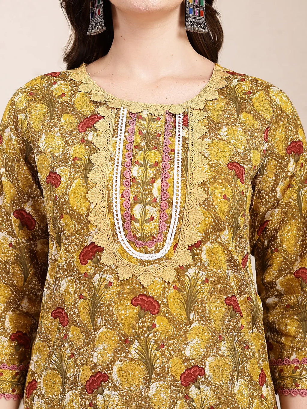 Yufta Mustard Pure Cotton Lace Work On Yoke Straight Kurta Dupatta Pant Set | Grocsy