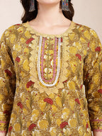 Yufta Mustard Pure Cotton Lace Work On Yoke Straight Kurta Dupatta Pant Set | Grocsy
