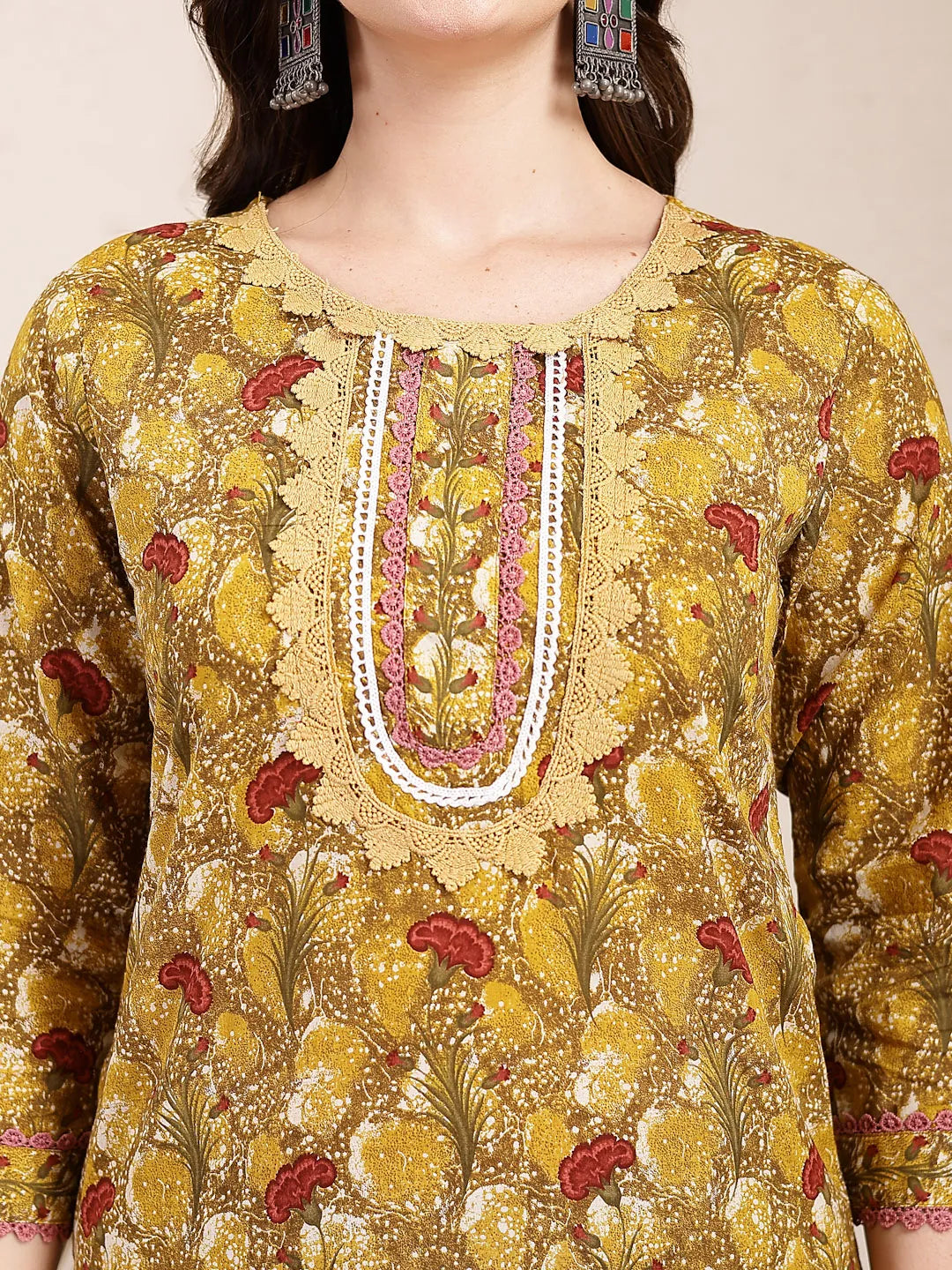Yufta Mustard Pure Cotton Lace Work On Yoke Straight Kurta Dupatta Pant Set | Grocsy