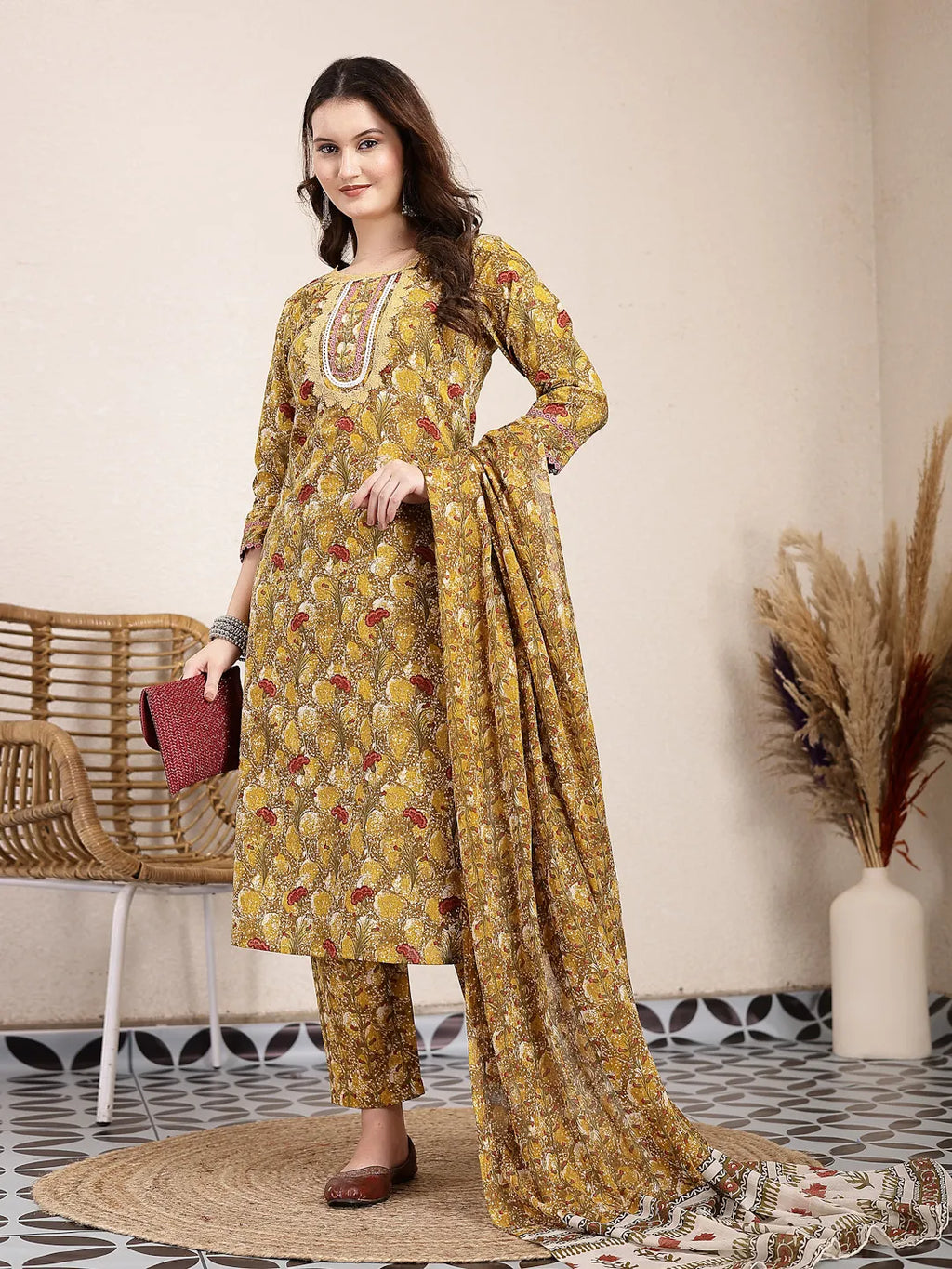 Yufta Mustard Pure Cotton Lace Work On Yoke Straight Kurta Dupatta Pant Set | Grocsy