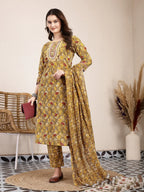 Yufta Mustard Pure Cotton Lace Work On Yoke Straight Kurta Dupatta Pant Set | Grocsy