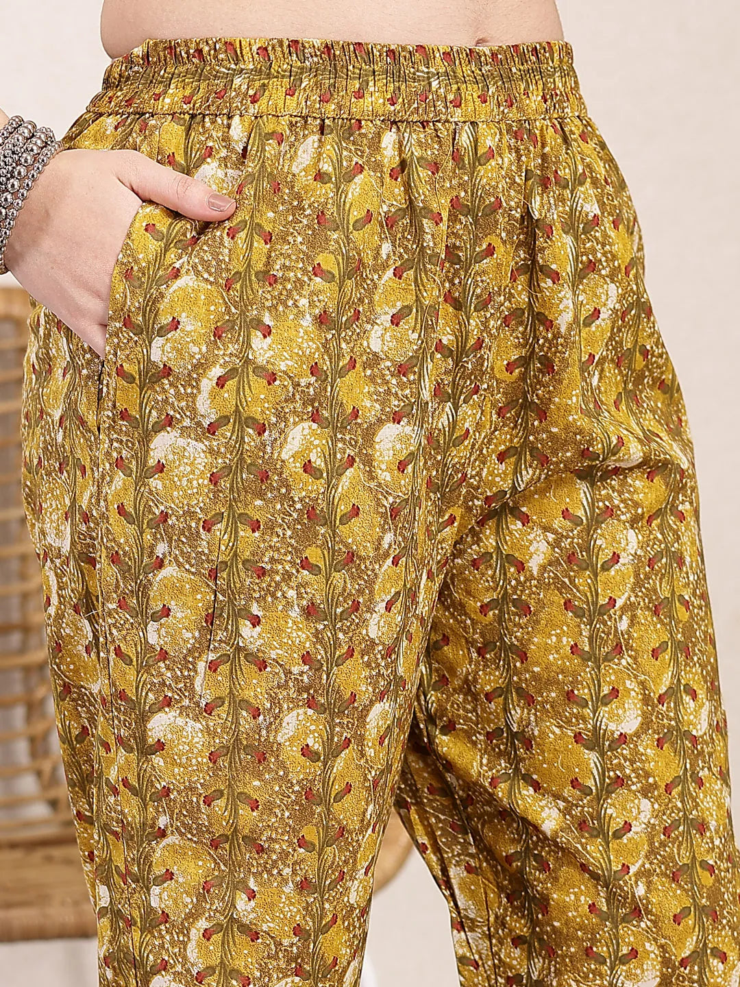 Yufta Mustard Pure Cotton Lace Work On Yoke Straight Kurta Dupatta Pant Set | Grocsy