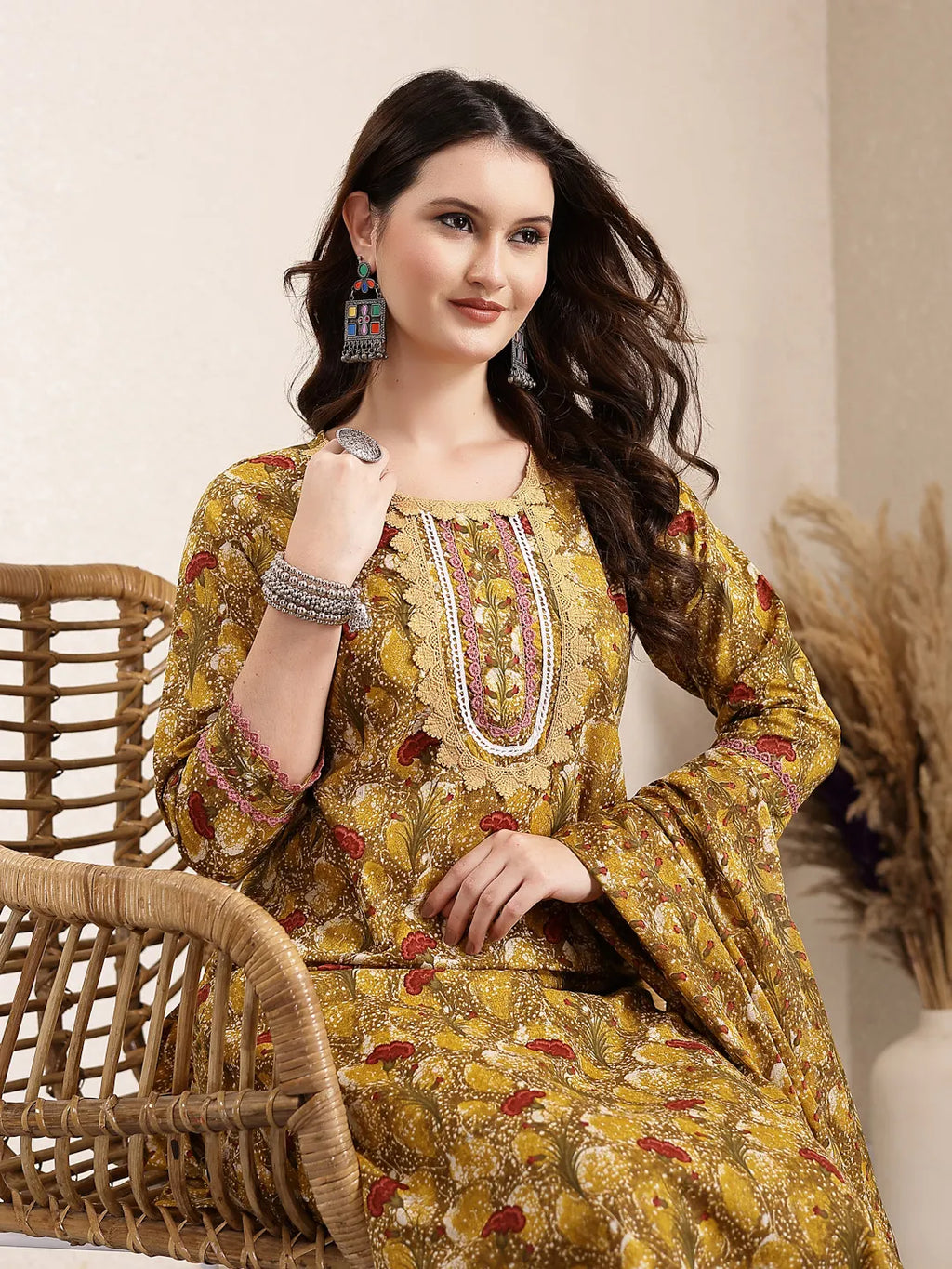 Yufta Mustard Pure Cotton Lace Work On Yoke Straight Kurta Dupatta Pant Set | Grocsy