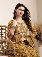 Yufta Mustard Pure Cotton Lace Work On Yoke Straight Kurta Dupatta Pant Set | Grocsy