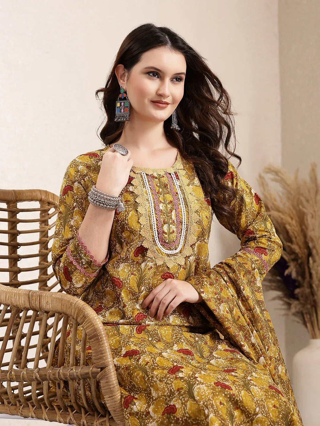Yufta Mustard Pure Cotton Lace Work On Yoke Straight Kurta Dupatta Pant Set | Grocsy