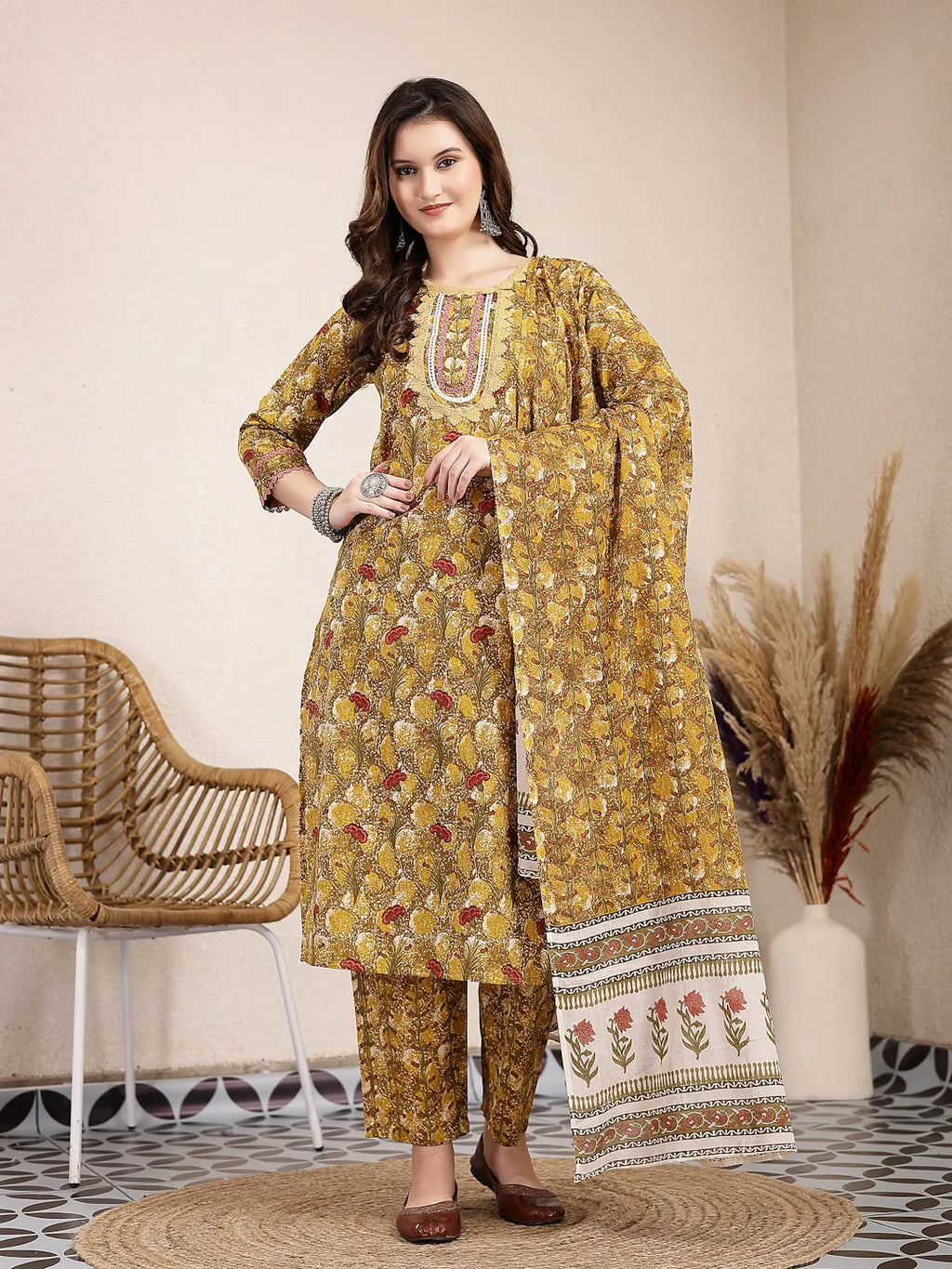 Yufta Mustard Pure Cotton Lace Work On Yoke Straight Kurta Dupatta Pant Set | Grocsy