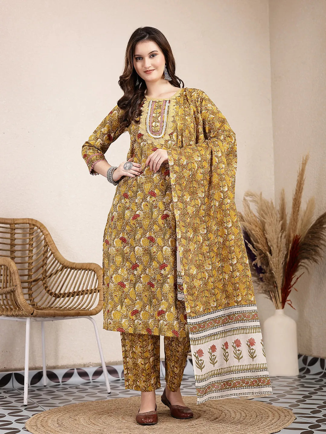 Yufta Mustard Pure Cotton Lace Work On Yoke Straight Kurta Dupatta Pant Set | Grocsy