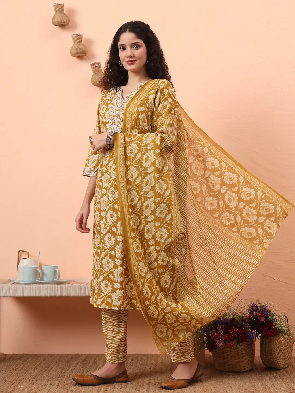 Yufta Mustard Pure Cotton Straight Floral Kantha Work Kurta Pant Set | Grocsy