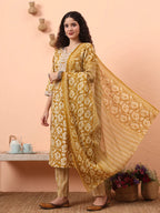 Yufta Mustard Pure Cotton Straight Floral Kantha Work Kurta Pant Set | Grocsy