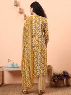Yufta Mustard Pure Cotton Straight Floral Kantha Work Kurta Pant Set | Grocsy