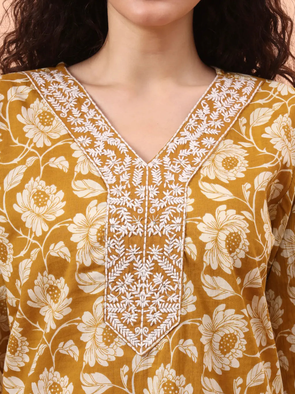Yufta Mustard Pure Cotton Straight Floral Kantha Work Kurta Pant Set | Grocsy