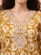 Yufta Mustard Pure Cotton Straight Floral Kantha Work Kurta Pant Set | Grocsy