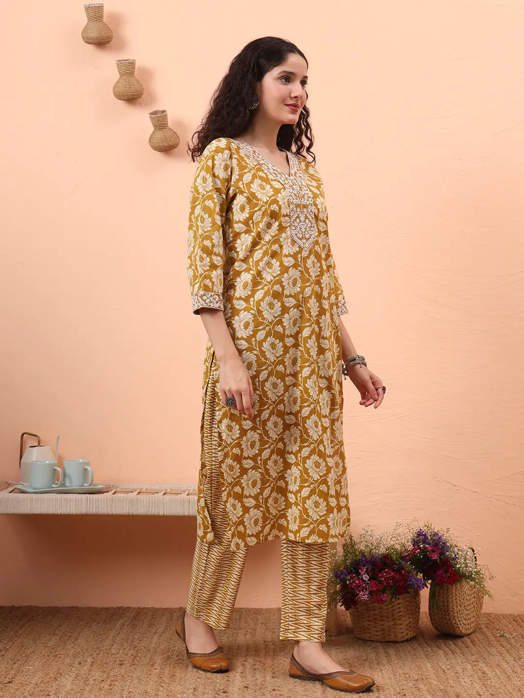 Yufta Mustard Pure Cotton Straight Floral Kantha Work Kurta Pant Set | Grocsy