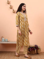 Yufta Mustard Pure Cotton Straight Floral Kantha Work Kurta Pant Set | Grocsy