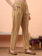 Yufta Mustard Pure Cotton Straight Floral Kantha Work Kurta Pant Set | Grocsy
