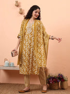 Yufta Mustard Pure Cotton Straight Floral Kantha Work Kurta Pant Set | Grocsy
