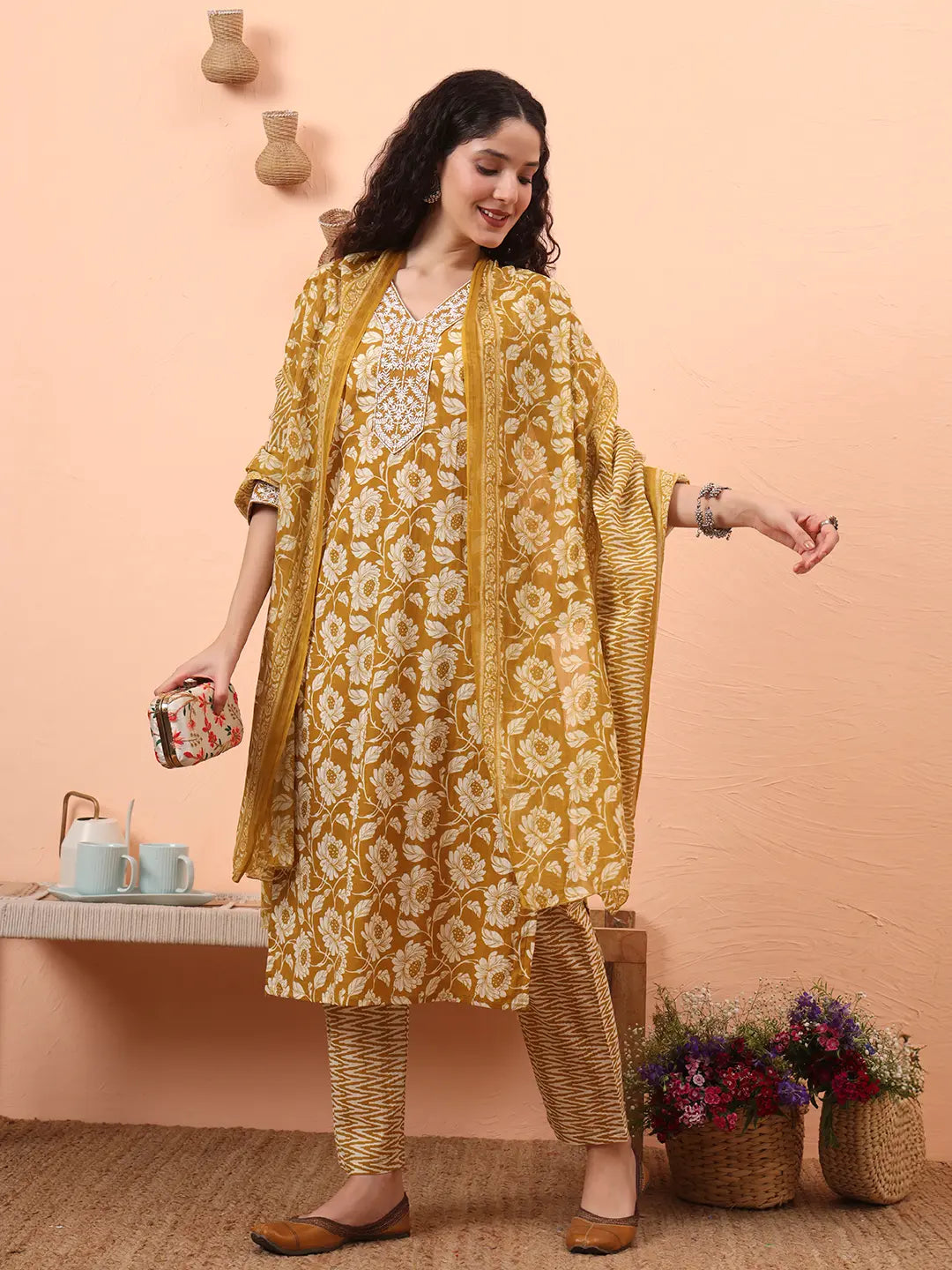 Yufta Mustard Pure Cotton Straight Floral Kantha Work Kurta Pant Set | Grocsy