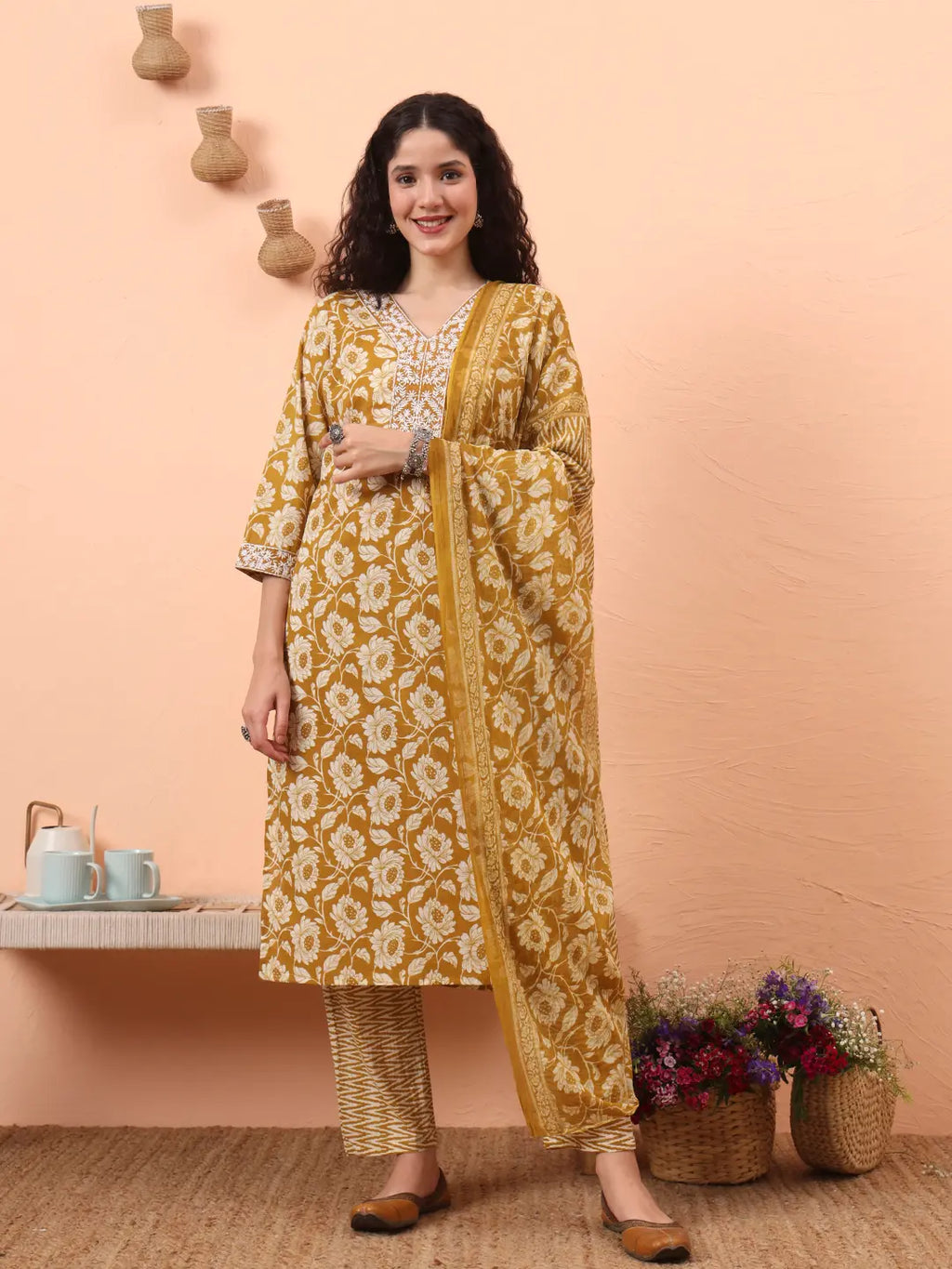 Yufta Mustard Pure Cotton Straight Floral Kantha Work Kurta Pant Set | Grocsy