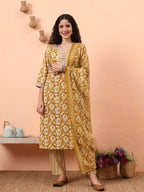 Yufta Mustard Pure Cotton Straight Floral Kantha Work Kurta Pant Set | Grocsy