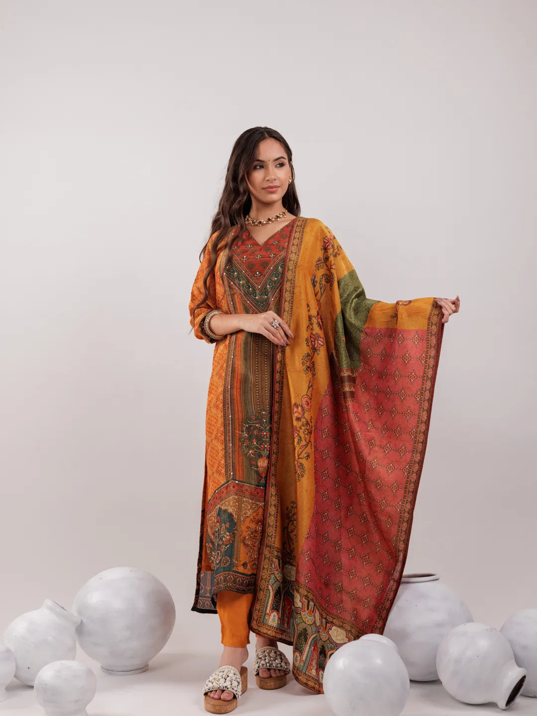 Yufta Mustard Pure Shimmer Tissue With Pure Viscose Trouser And Shimmer Dupatta | Grocsy