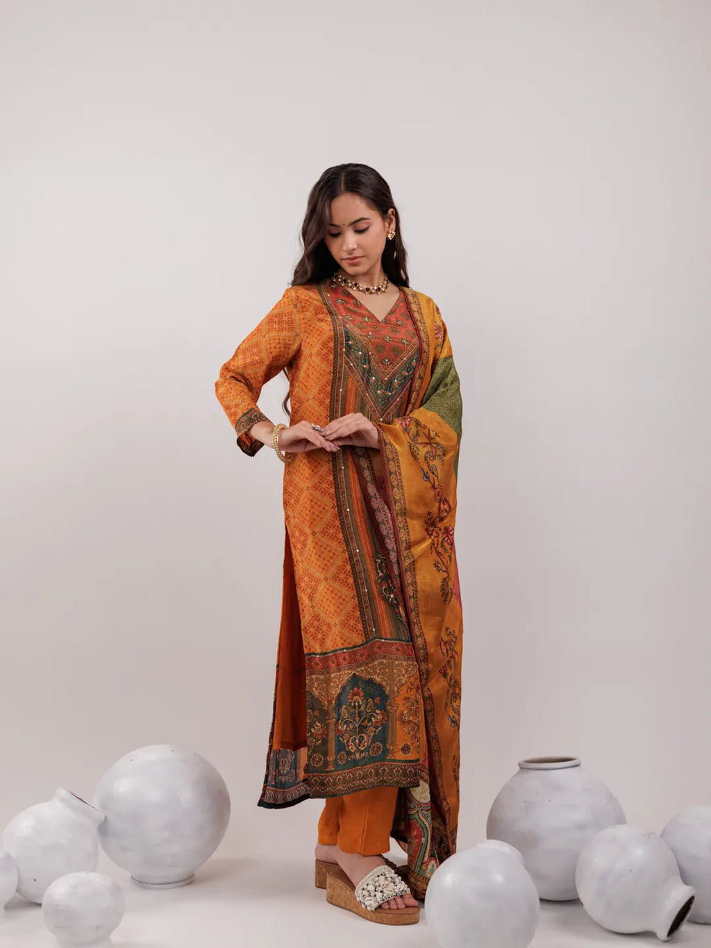Yufta Mustard Pure Shimmer Tissue With Pure Viscose Trouser And Shimmer Dupatta | Grocsy