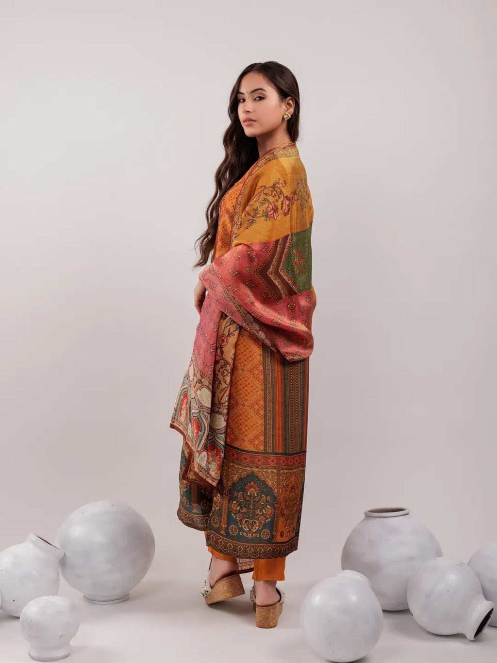 Yufta Mustard Pure Shimmer Tissue With Pure Viscose Trouser And Shimmer Dupatta | Grocsy