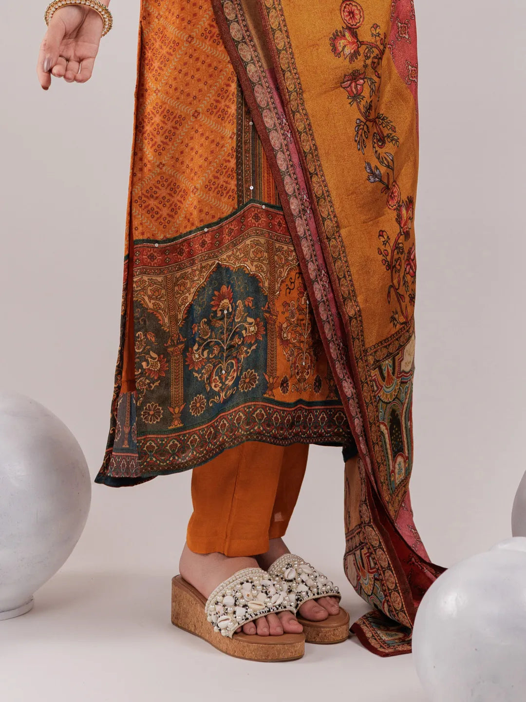 Yufta Mustard Pure Shimmer Tissue With Pure Viscose Trouser And Shimmer Dupatta | Grocsy