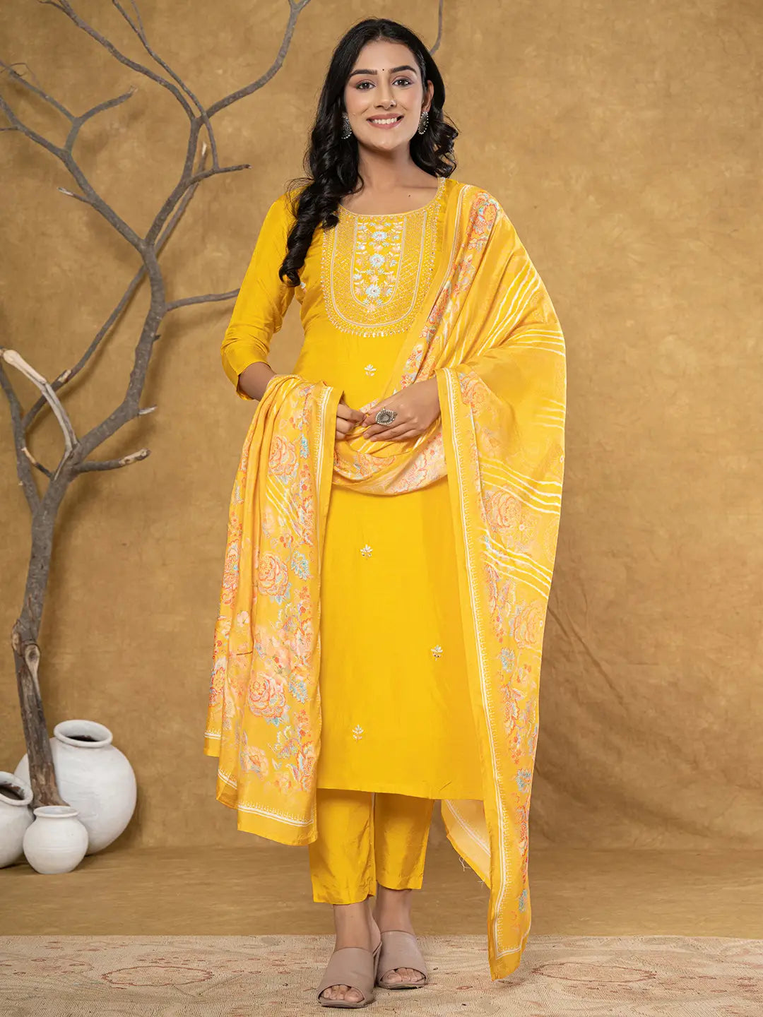 Yufta Mustard Silk Beads And Stones,Sequins_Work Kurta Dupatta Set | Grocsy