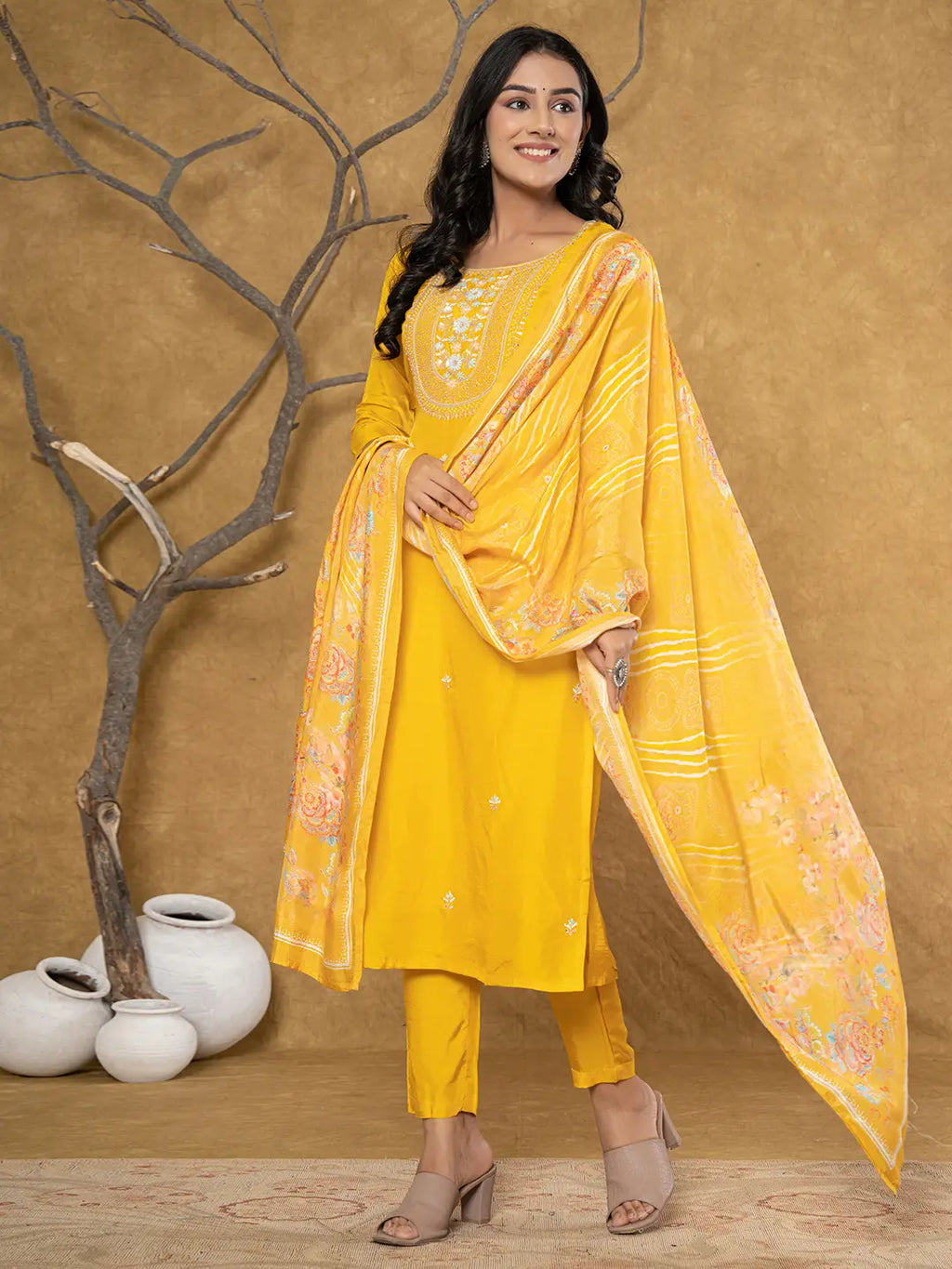 Yufta Mustard Silk Beads And Stones,Sequins_Work Kurta Dupatta Set | Grocsy