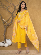 Yufta Mustard Silk Beads And Stones,Sequins_Work Kurta Dupatta Set | Grocsy