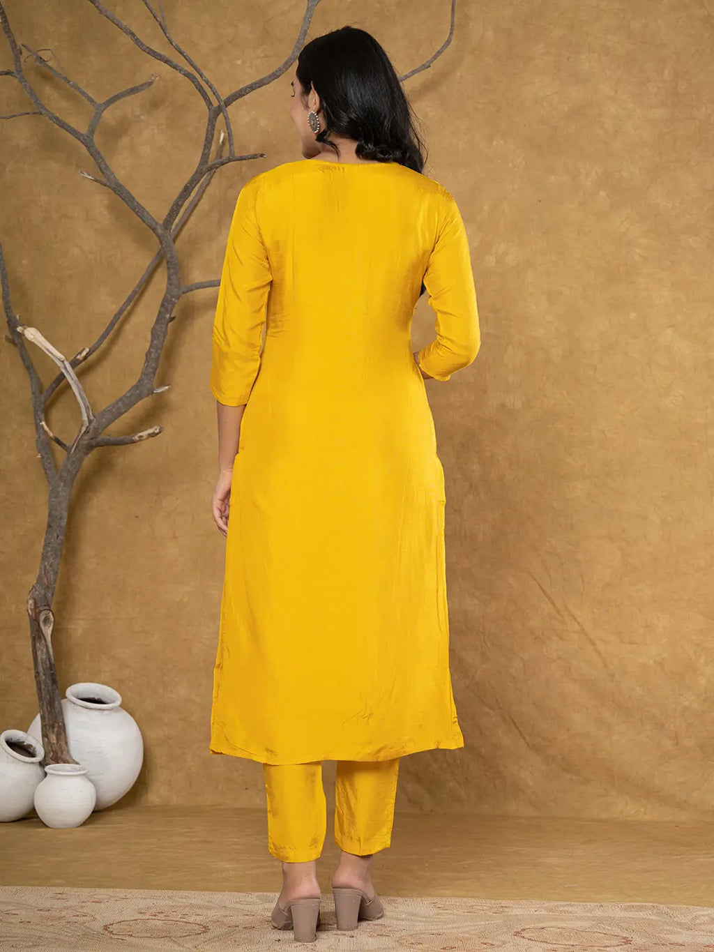 Yufta Mustard Silk Beads And Stones,Sequins_Work Kurta Dupatta Set | Grocsy