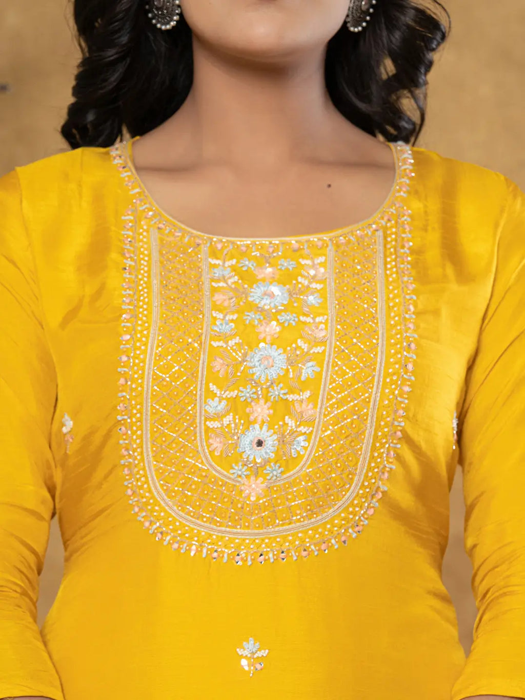 Yufta Mustard Silk Beads And Stones,Sequins_Work Kurta Dupatta Set | Grocsy