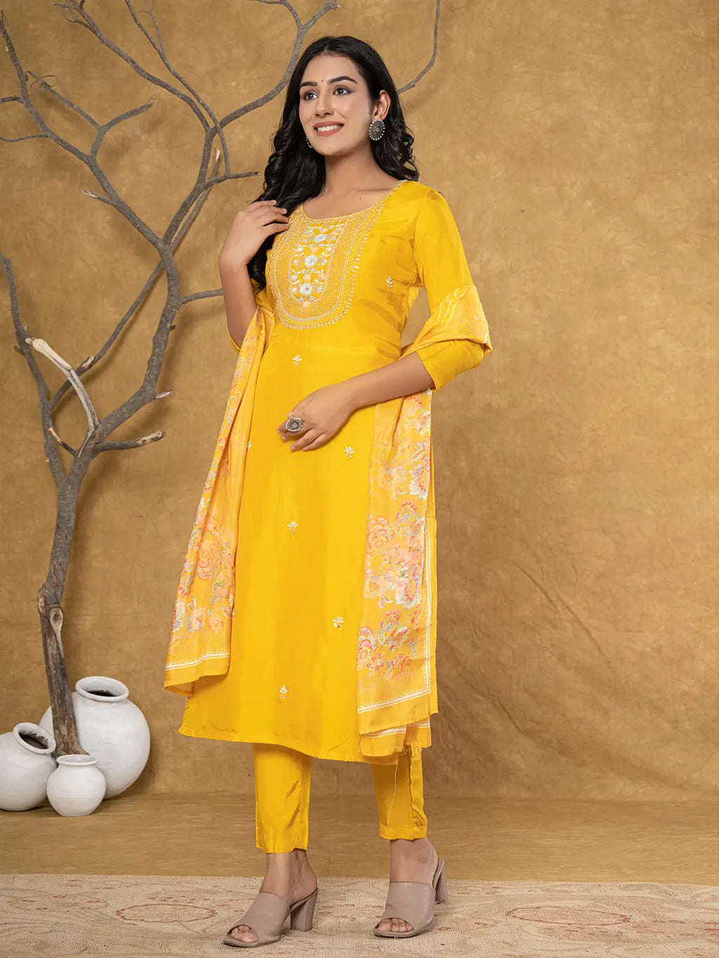 Yufta Mustard Silk Beads And Stones,Sequins_Work Kurta Dupatta Set | Grocsy
