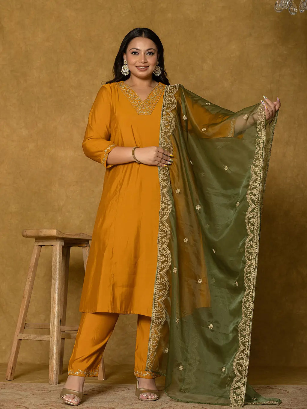 Yufta Mustard Silk Embroidered Plus Size Kurta Dupatta Set | Grocsy