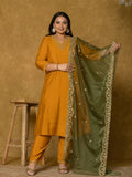 Yufta Mustard Silk Embroidered Plus Size Kurta Dupatta Set | Grocsy