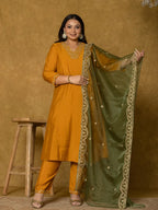 Yufta Mustard Silk Embroidered Plus Size Kurta Dupatta Set | Grocsy