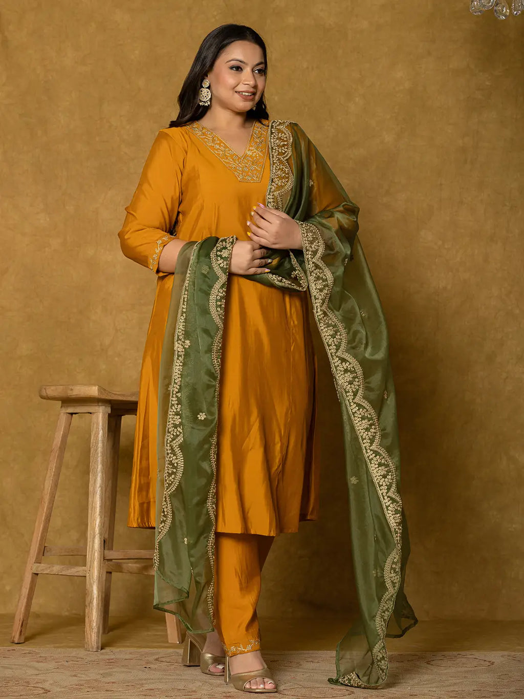 Yufta Mustard Silk Embroidered Plus Size Kurta Dupatta Set | Grocsy