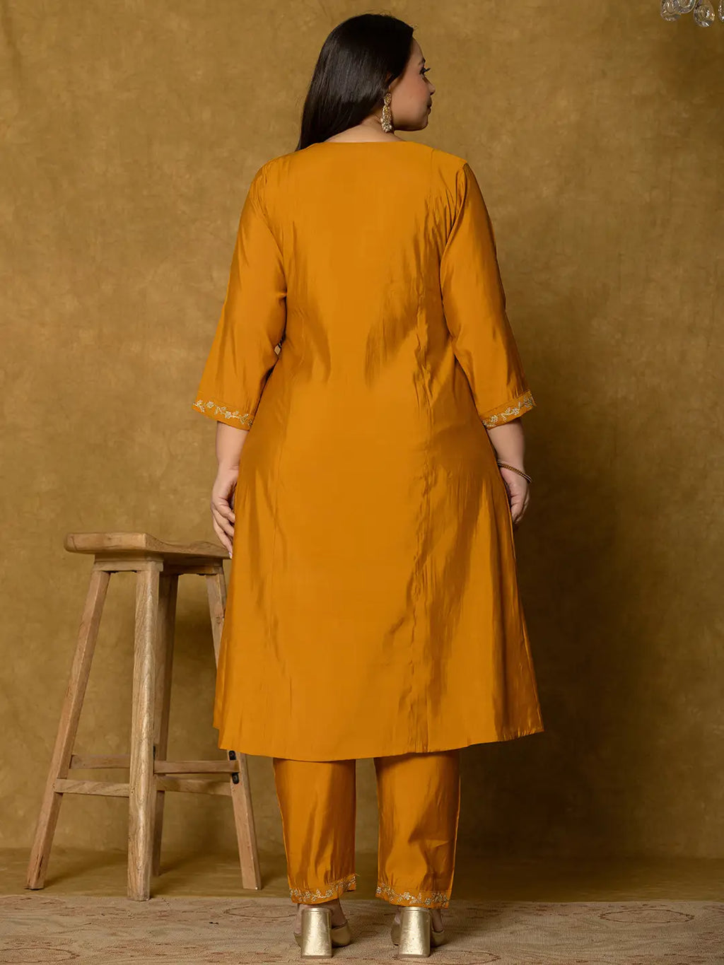 Yufta Mustard Silk Embroidered Plus Size Kurta Dupatta Set | Grocsy