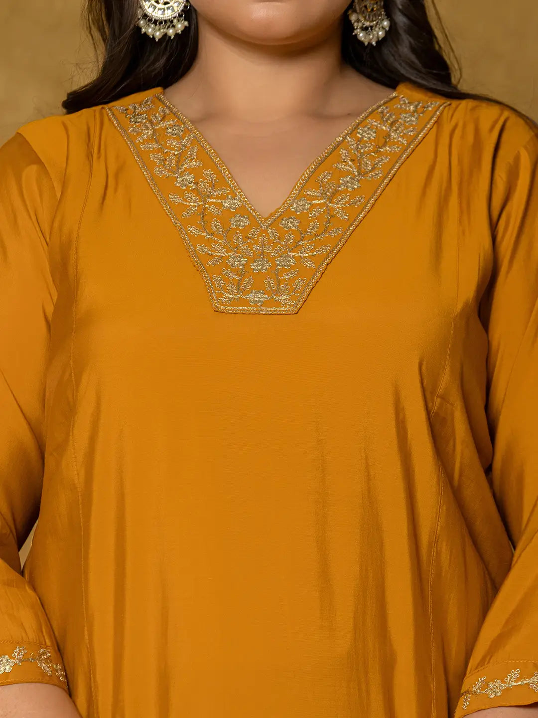 Yufta Mustard Silk Embroidered Plus Size Kurta Dupatta Set | Grocsy