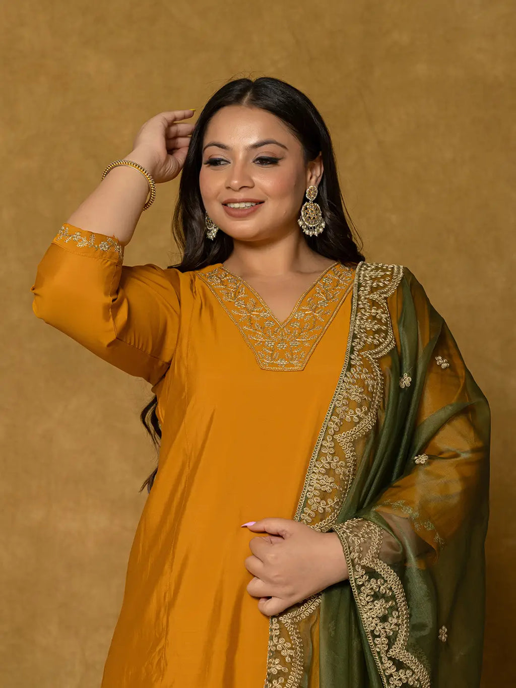Yufta Mustard Silk Embroidered Plus Size Kurta Dupatta Set | Grocsy