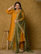 Yufta Mustard Silk Embroidered Plus Size Kurta Dupatta Set | Grocsy