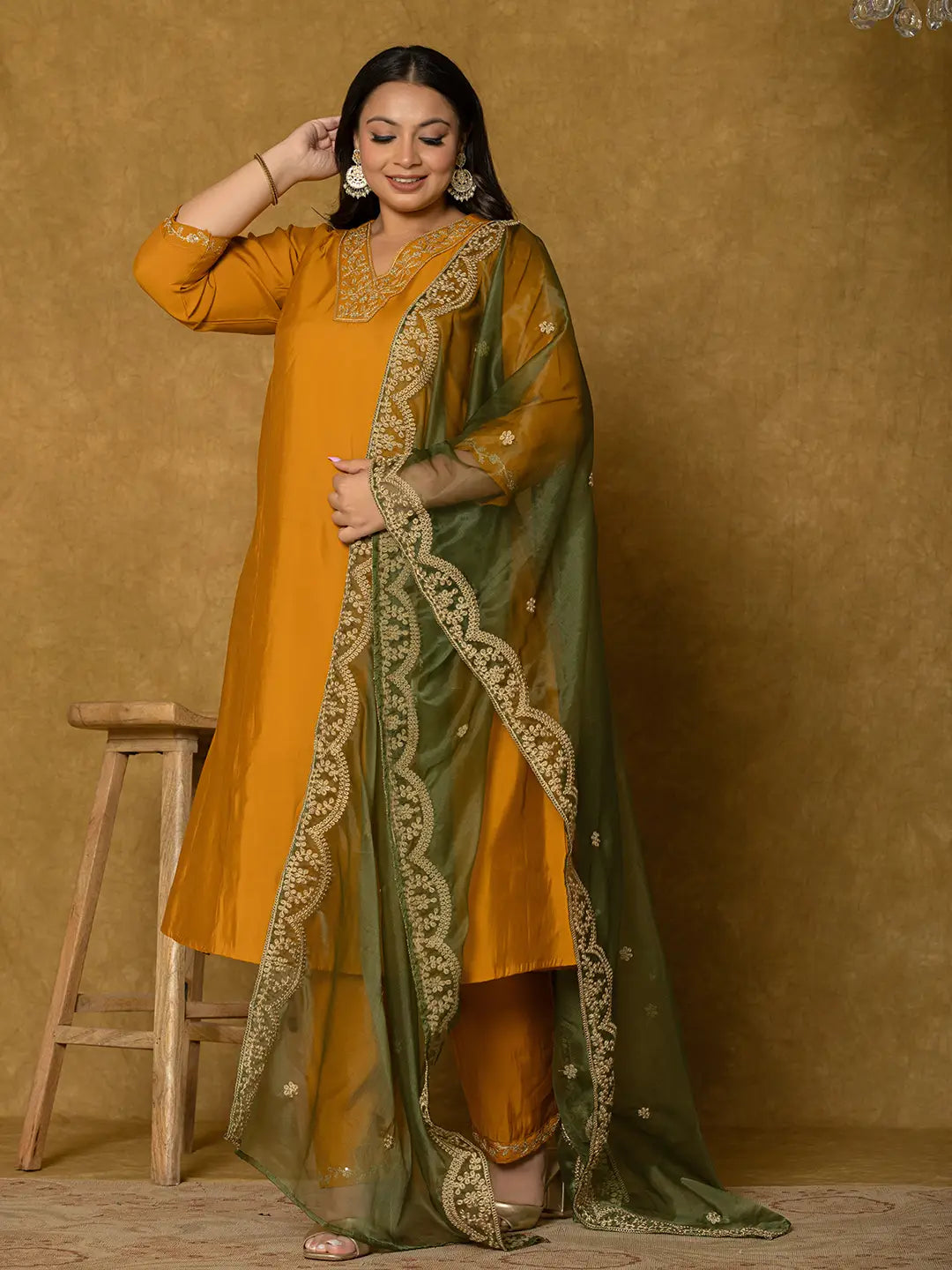 Yufta Mustard Silk Embroidered Plus Size Kurta Dupatta Set | Grocsy