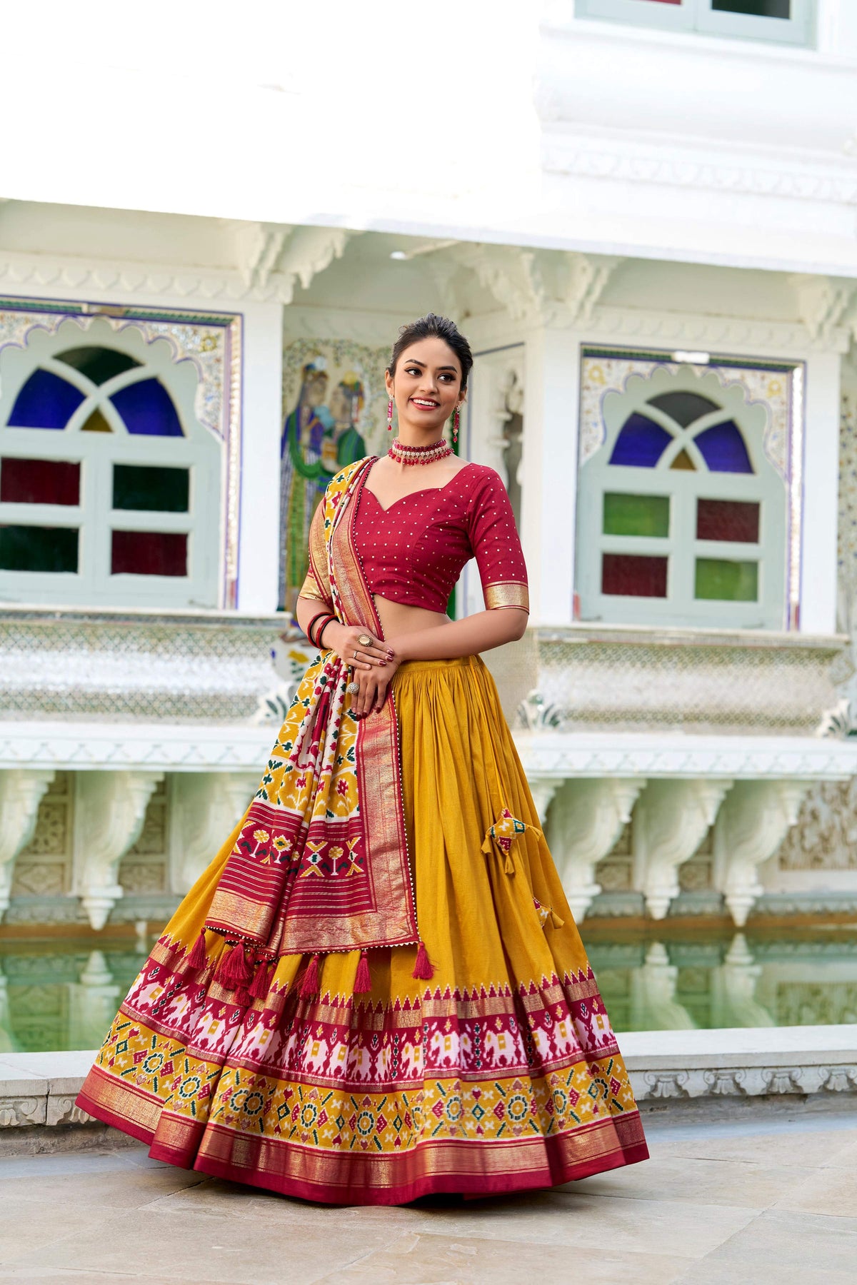 Evanik Mustard Traditional Style Tussar Silk Patola Print With Foil Work Unstitched Lehenga Choli | Grocsy
