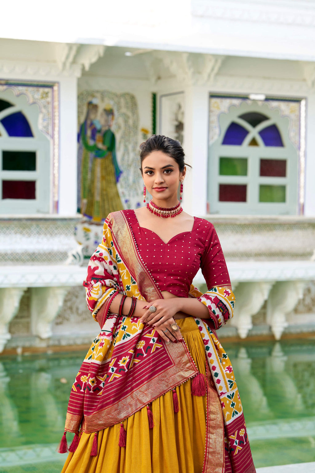 Evanik Mustard Traditional Style Tussar Silk Patola Print With Foil Work Unstitched Lehenga Choli | Grocsy
