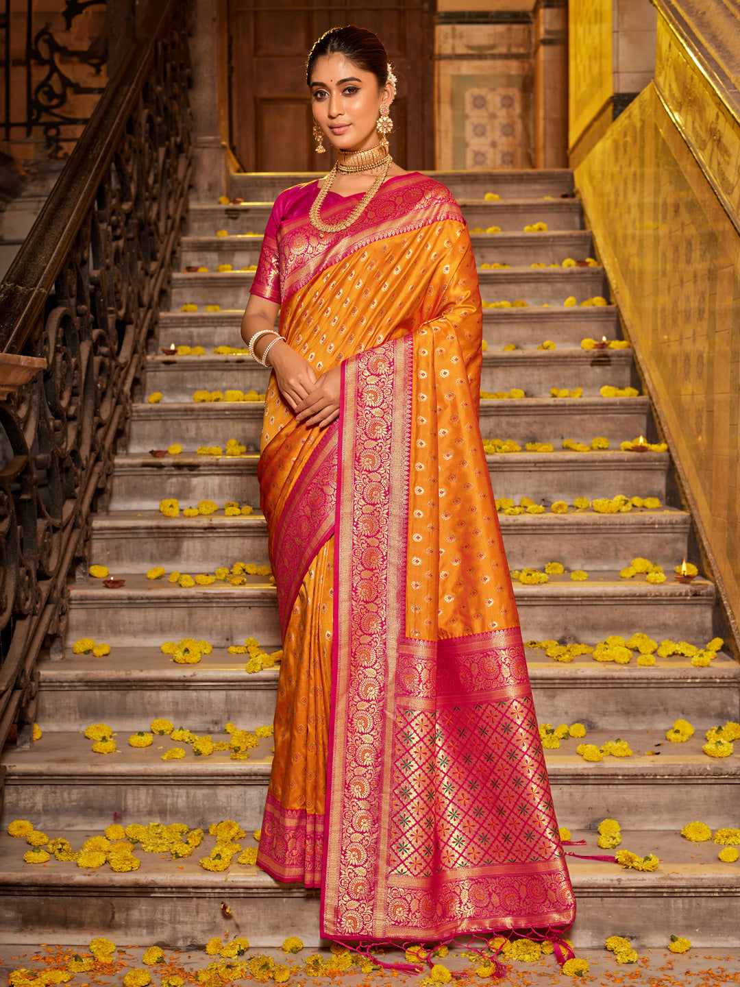 Anaita Mustard Banarasi Saree With Blouse Piece | Grocsy