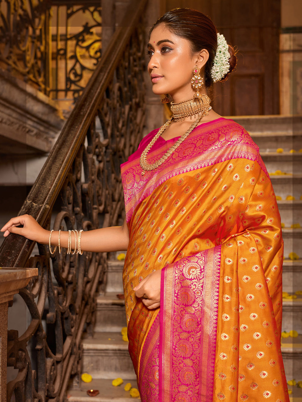 Anaita Mustard Banarasi Saree With Blouse Piece | Grocsy