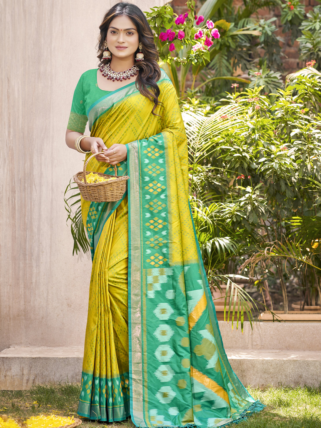 Anaita Mustard Pochampally Silk Saree With Floral Printed Work With Blouse | Grocsy