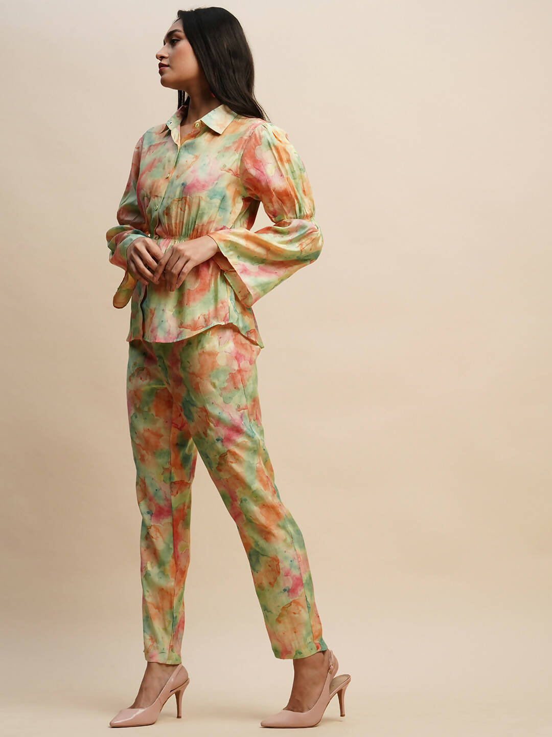 Light Green & Orange Poly Rayon Tie and dye Printed Top with Matching Trouser - Shivani | Grocsy