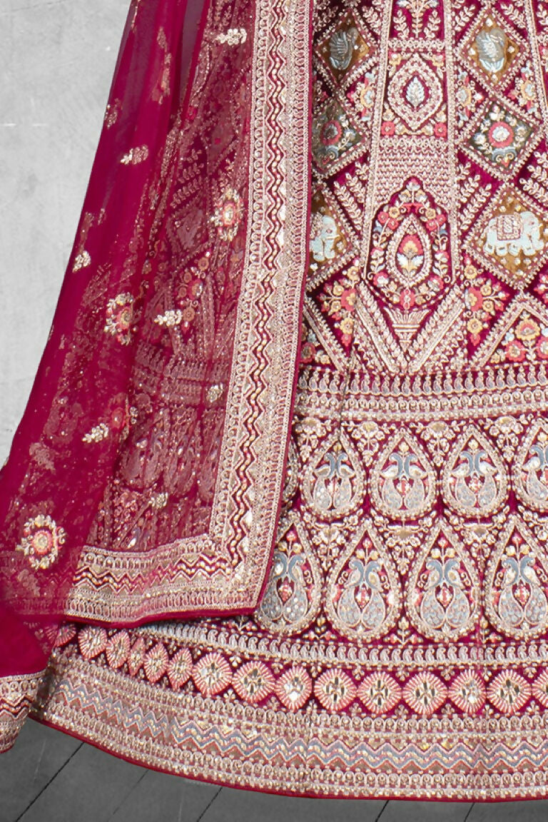 Dark Red Velvet Pure Mirror Work Semi Stitched Lehenga Choli with Dupatta - Nimaya Lagnotsav | Grocsy