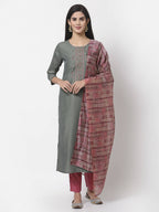 Myshka Women Grey Silk Blend Embroidered 3/4 Sleeve Round Neck Kurta Pant Dupatta Set | Grocsy